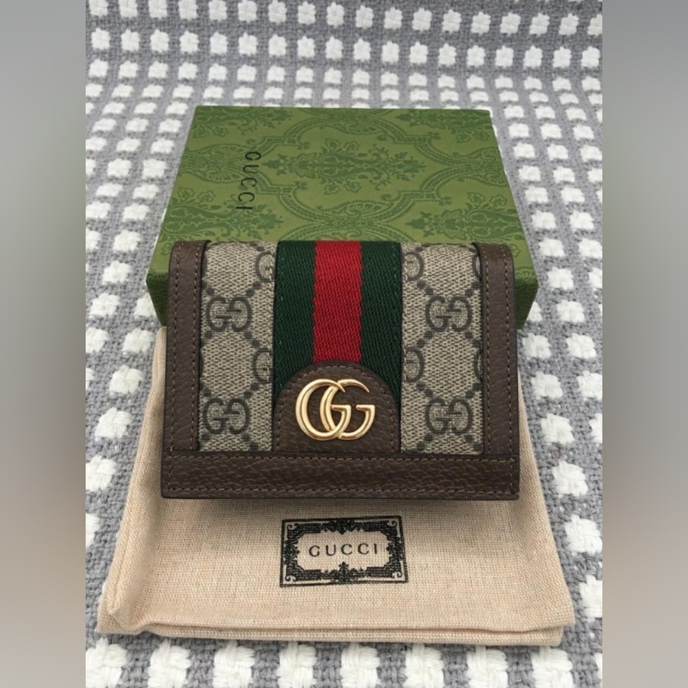 Gucci GG Supreme Bi-fold Card Wallet with Web Stripe - Brown/Beige/Green/Red